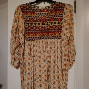 Umgee Beige Tunic with Colorful Geometric Patterns